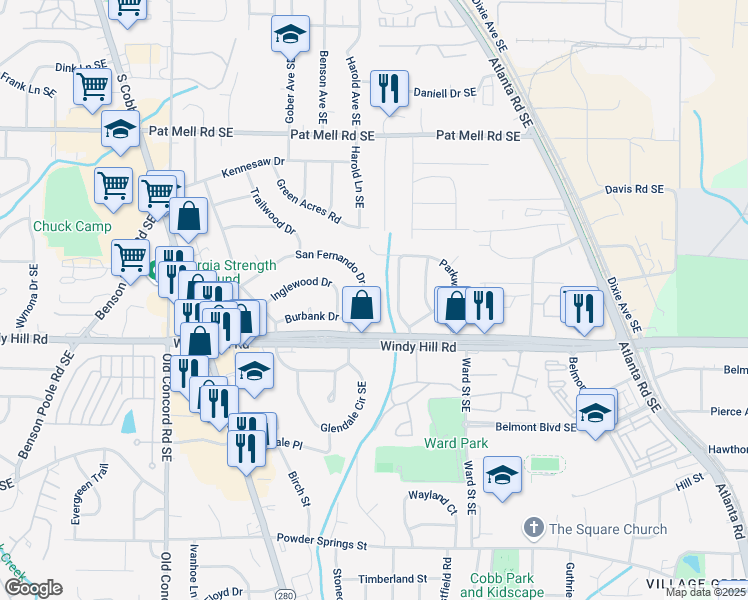 map of restaurants, bars, coffee shops, grocery stores, and more near 743 San Fernando Drive in Smyrna