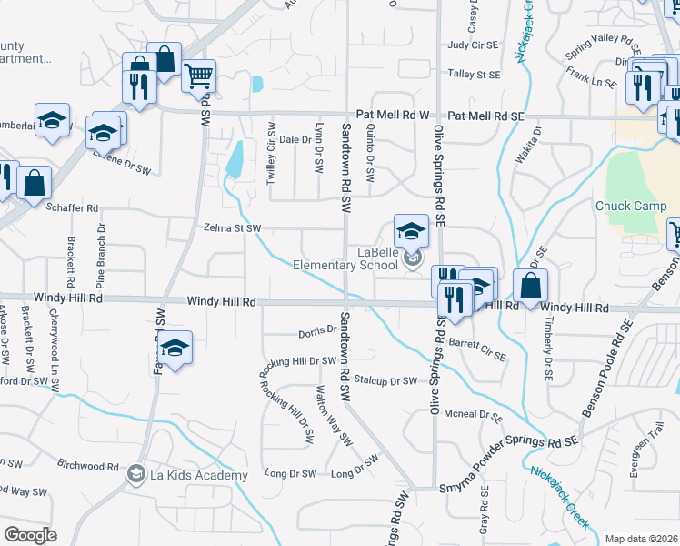map of restaurants, bars, coffee shops, grocery stores, and more near 2350 Sandtown Road Southwest in Marietta