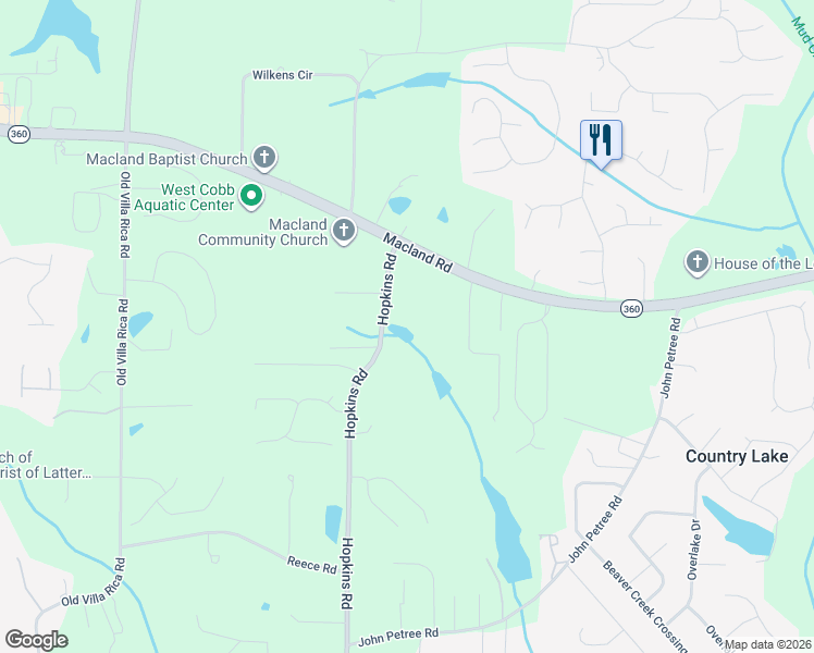 map of restaurants, bars, coffee shops, grocery stores, and more near 2373 Hopkins Road in Powder Springs