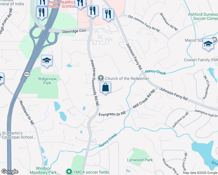 map of restaurants, bars, coffee shops, grocery stores, and more near 250 Woodchase Close Northeast in Atlanta