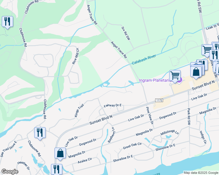 map of restaurants, bars, coffee shops, grocery stores, and more near 633 Kings Trail in Sunset Beach