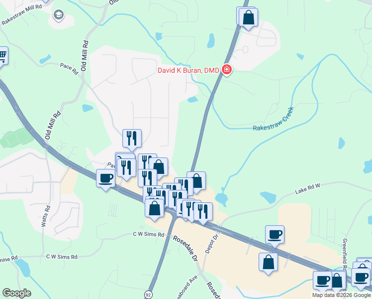 map of restaurants, bars, coffee shops, grocery stores, and more near 245 Hiram Acworth Highway in Hiram