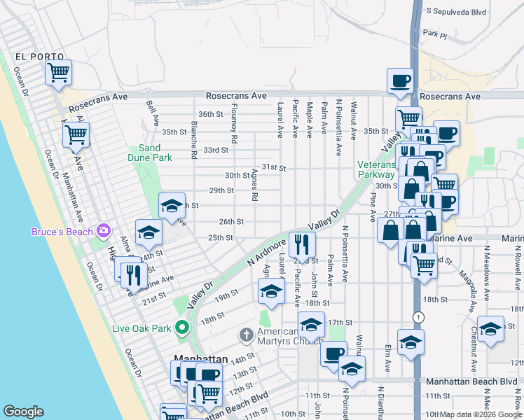 map of restaurants, bars, coffee shops, grocery stores, and more near 746 27th Street in Manhattan Beach