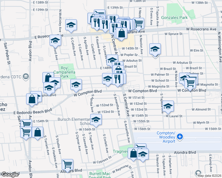 map of restaurants, bars, coffee shops, grocery stores, and more near 2105 West Compton Boulevard in Compton