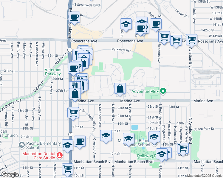 map of restaurants, bars, coffee shops, grocery stores, and more near 10 Cambridge in Manhattan Beach