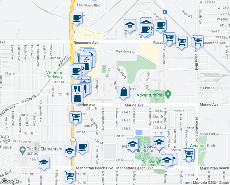 map of restaurants, bars, coffee shops, grocery stores, and more near 10 Cambridge in Manhattan Beach