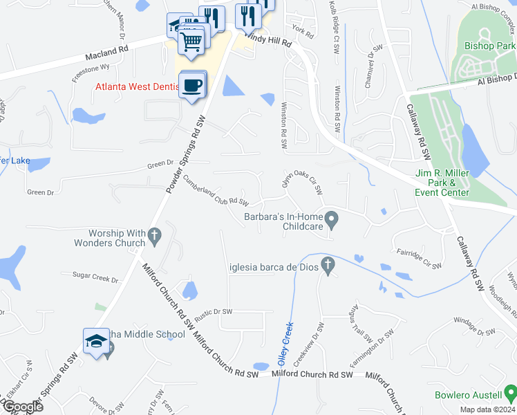 map of restaurants, bars, coffee shops, grocery stores, and more near 1611 Cumberland Club Road Southwest in Marietta