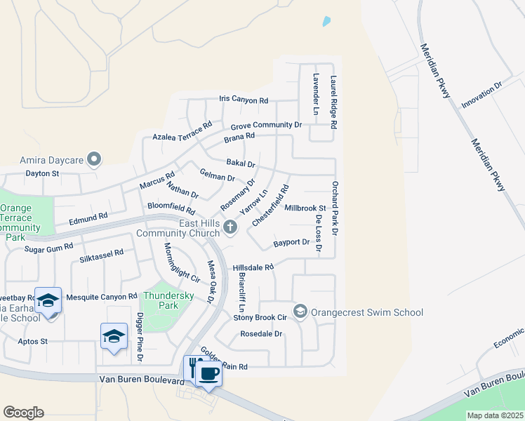 map of restaurants, bars, coffee shops, grocery stores, and more near 8536 Chesterfield Road in Riverside