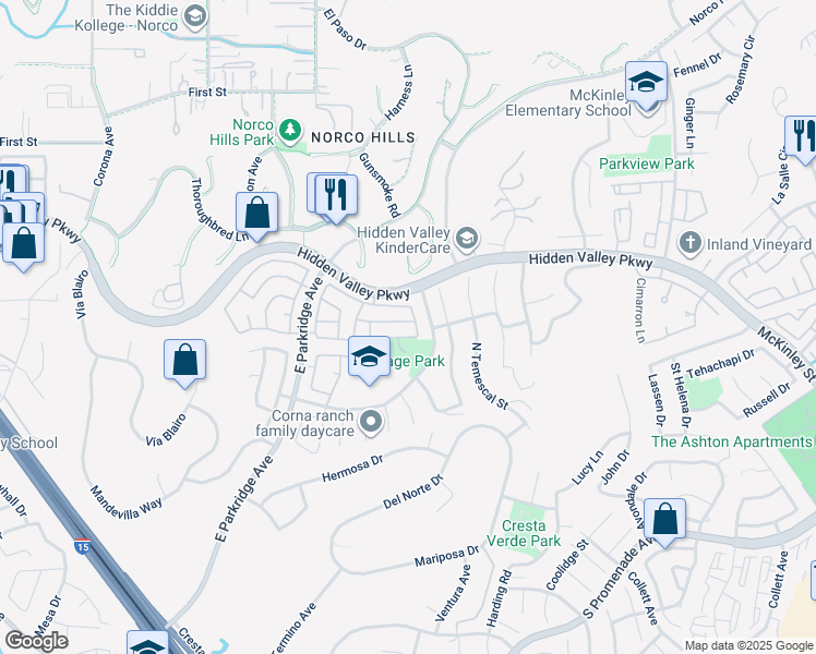 map of restaurants, bars, coffee shops, grocery stores, and more near 1488 Falconcrest Drive in Corona
