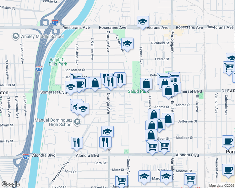 map of restaurants, bars, coffee shops, grocery stores, and more near 7032 Somerset Boulevard in Paramount