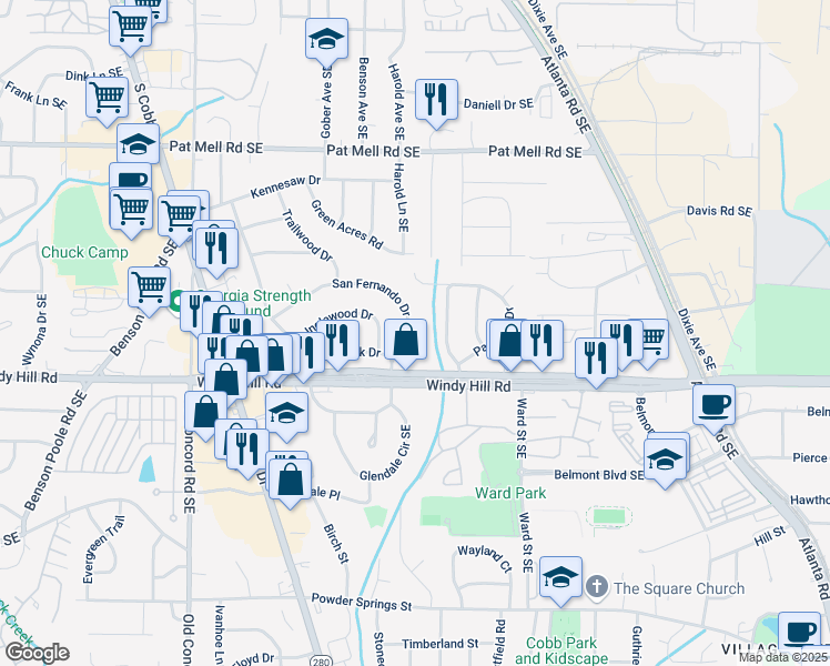 map of restaurants, bars, coffee shops, grocery stores, and more near 743 San Fernando Drive in Smyrna