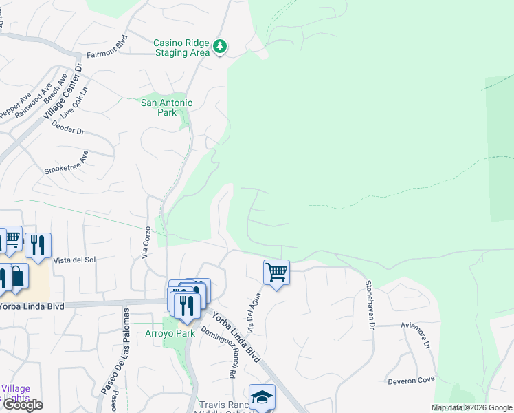 map of restaurants, bars, coffee shops, grocery stores, and more near 21407 Zaca Court in Yorba Linda