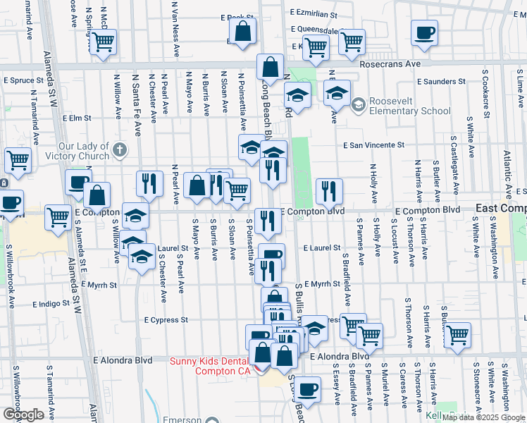 map of restaurants, bars, coffee shops, grocery stores, and more near E Compton Blvd & N Crane Ave in Compton