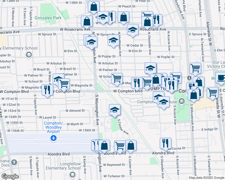 map of restaurants, bars, coffee shops, grocery stores, and more near 653 West Compton Boulevard in Compton