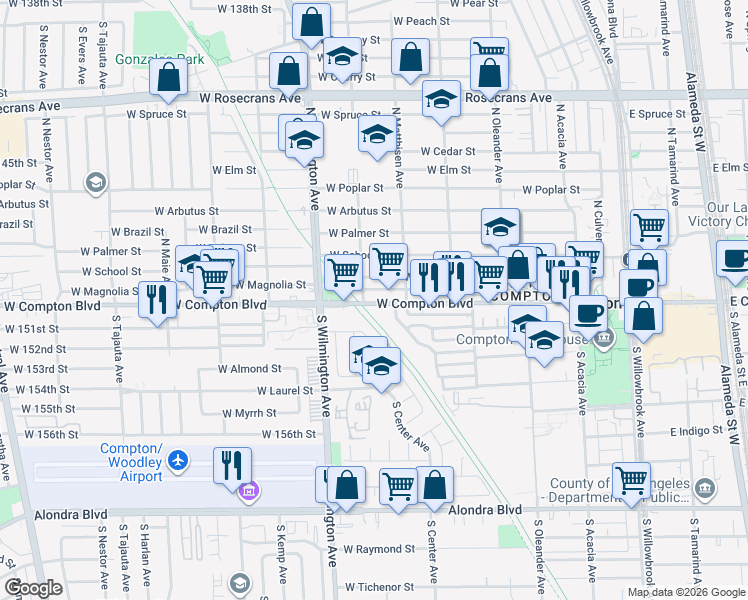 map of restaurants, bars, coffee shops, grocery stores, and more near 712 West Compton Boulevard in Compton