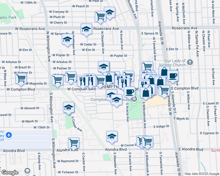 map of restaurants, bars, coffee shops, grocery stores, and more near 108 South Oleander Avenue in Compton