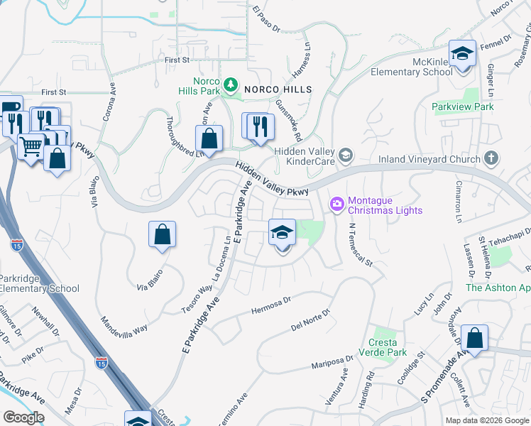 map of restaurants, bars, coffee shops, grocery stores, and more near 935 Redtail Drive in Corona