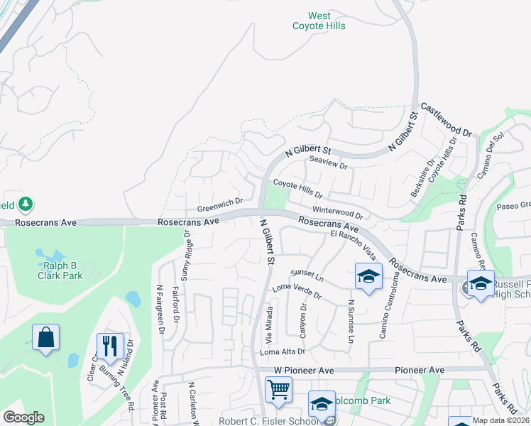 map of restaurants, bars, coffee shops, grocery stores, and more near Rosecrans Avenue in Fullerton