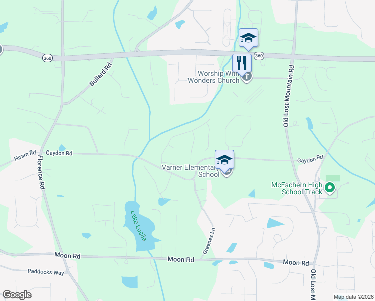 map of restaurants, bars, coffee shops, grocery stores, and more near 2432 Noelle Lane in Powder Springs