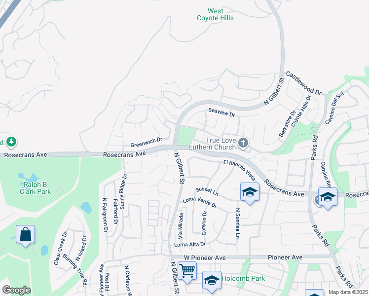 map of restaurants, bars, coffee shops, grocery stores, and more near Rosecrans Avenue in Fullerton