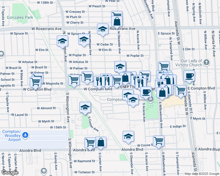 map of restaurants, bars, coffee shops, grocery stores, and more near 485 West Compton Boulevard in Compton