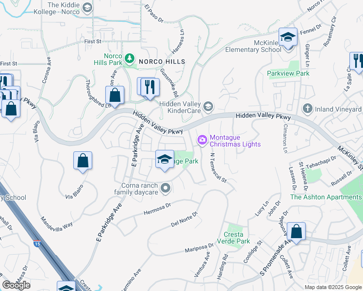 map of restaurants, bars, coffee shops, grocery stores, and more near 1488 Falconcrest Drive in Corona