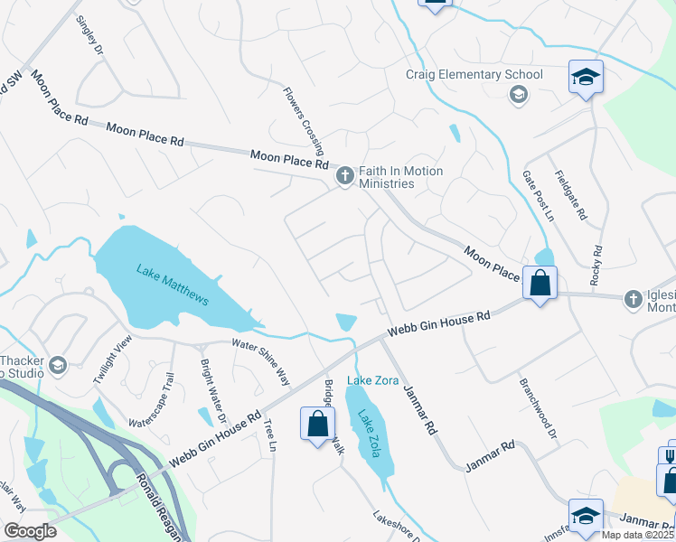 map of restaurants, bars, coffee shops, grocery stores, and more near Newstead Court in Snellville