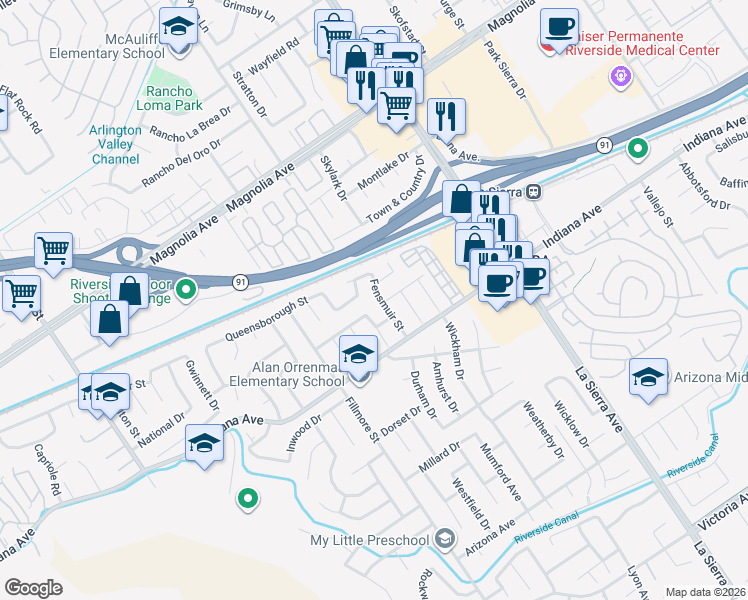 map of restaurants, bars, coffee shops, grocery stores, and more near 3465 Torrey Street in Riverside