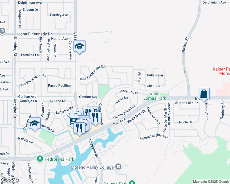 map of restaurants, bars, coffee shops, grocery stores, and more near 26406 Silverado Court in Moreno Valley