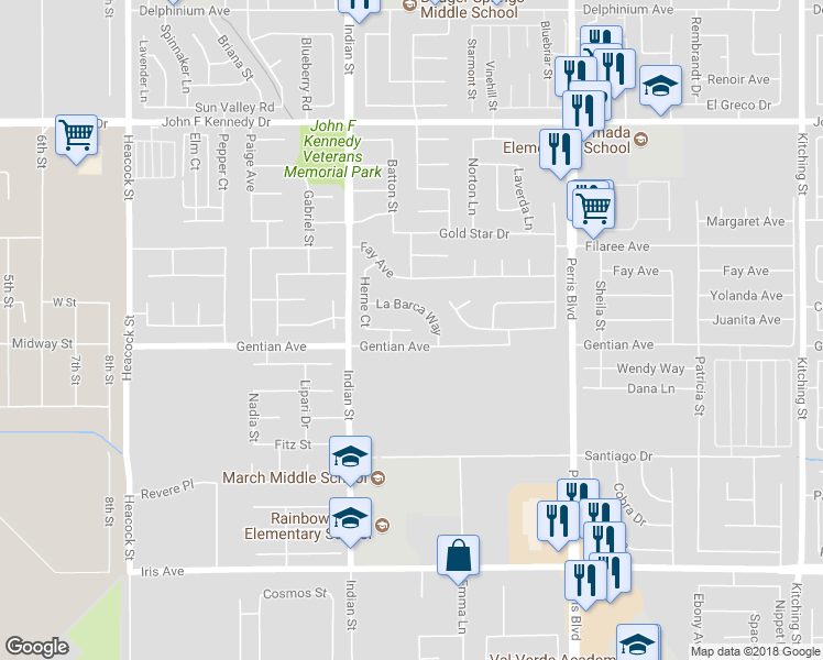 map of restaurants, bars, coffee shops, grocery stores, and more near 24609 Fanita Court in Moreno Valley