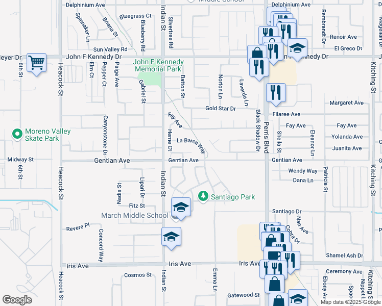 map of restaurants, bars, coffee shops, grocery stores, and more near 24537 Fanita Court in Moreno Valley