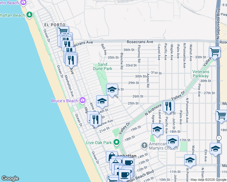 map of restaurants, bars, coffee shops, grocery stores, and more near 576 27th Street in Manhattan Beach