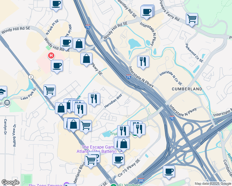 map of restaurants, bars, coffee shops, grocery stores, and more near 2801 Avington Lane in Smyrna