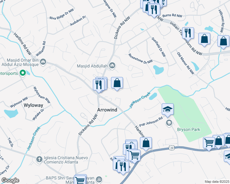 map of restaurants, bars, coffee shops, grocery stores, and more near 610 Durham Ridge Drive Northwest in Lilburn