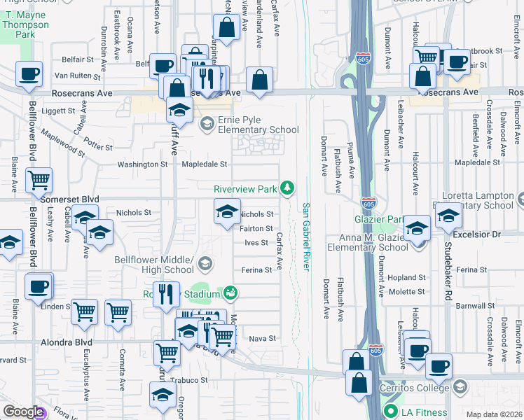 map of restaurants, bars, coffee shops, grocery stores, and more near 10446 Nichols Street in Bellflower