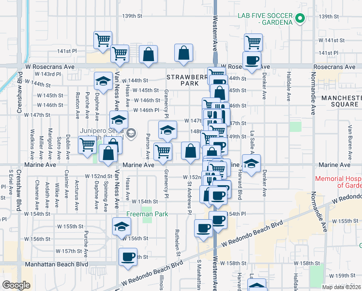 map of restaurants, bars, coffee shops, grocery stores, and more near 1926 West 150th Street in Gardena