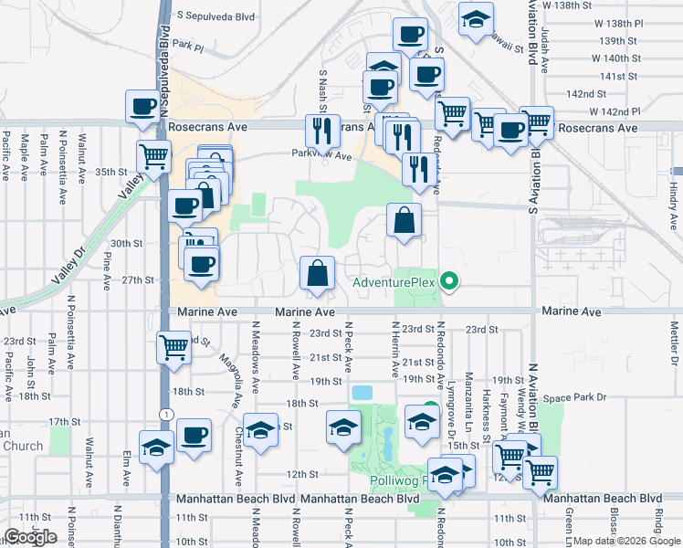 map of restaurants, bars, coffee shops, grocery stores, and more near 19 Nantucket Place in Manhattan Beach