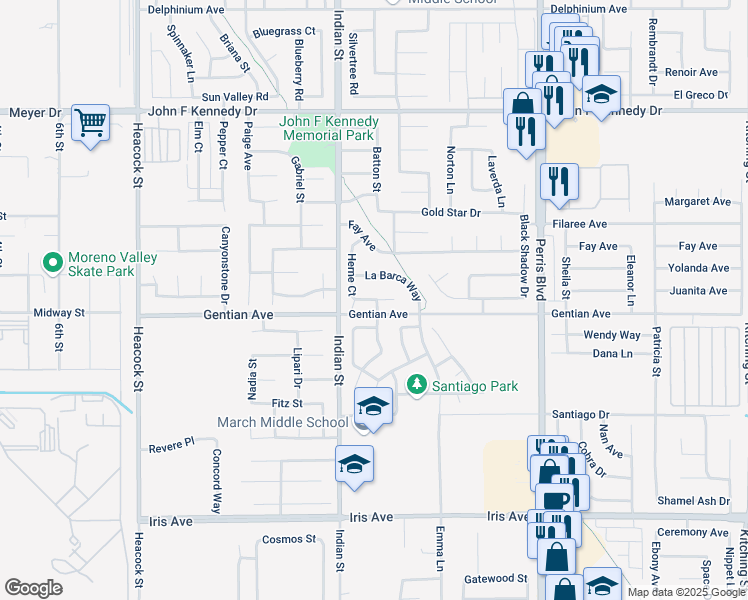 map of restaurants, bars, coffee shops, grocery stores, and more near 24537 Fanita Court in Moreno Valley