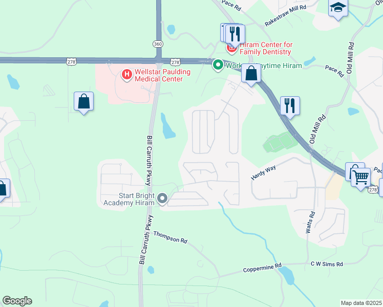 map of restaurants, bars, coffee shops, grocery stores, and more near 338 Hillcrest Circle in Hiram