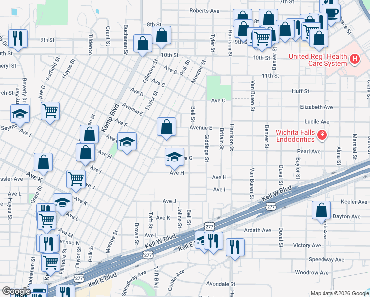map of restaurants, bars, coffee shops, grocery stores, and more near 1611 Bell Street in Wichita Falls