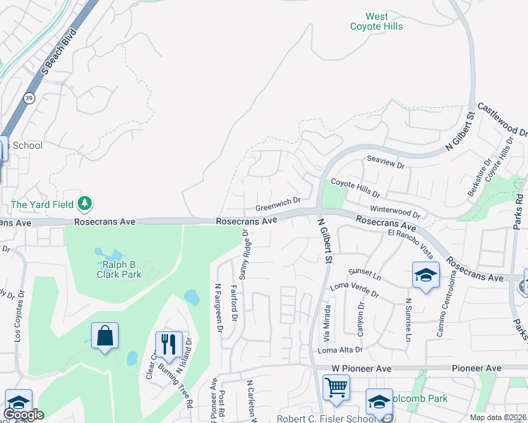 map of restaurants, bars, coffee shops, grocery stores, and more near 2518 Greenwich Drive in Fullerton