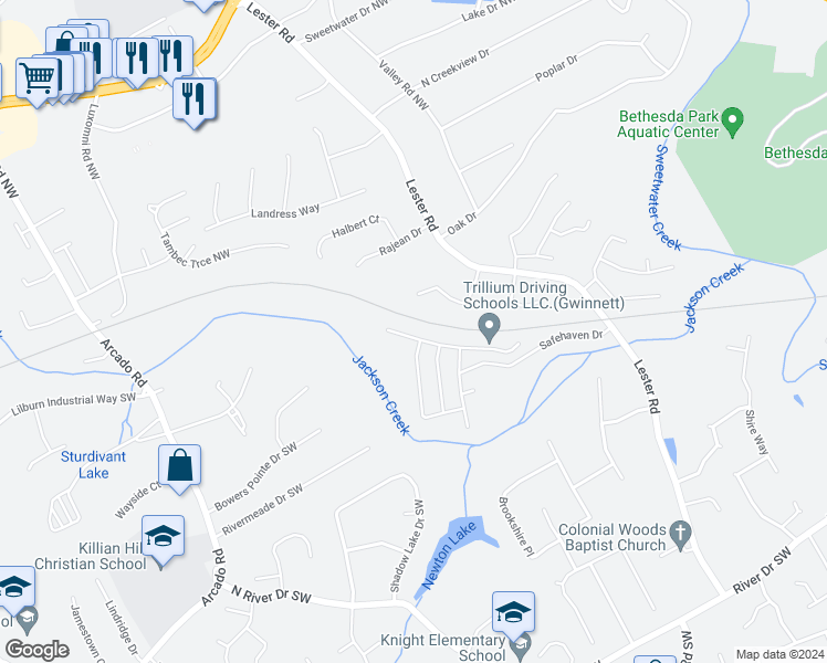 map of restaurants, bars, coffee shops, grocery stores, and more near 4005 Jackson Shoals Court Southwest in Lawrenceville