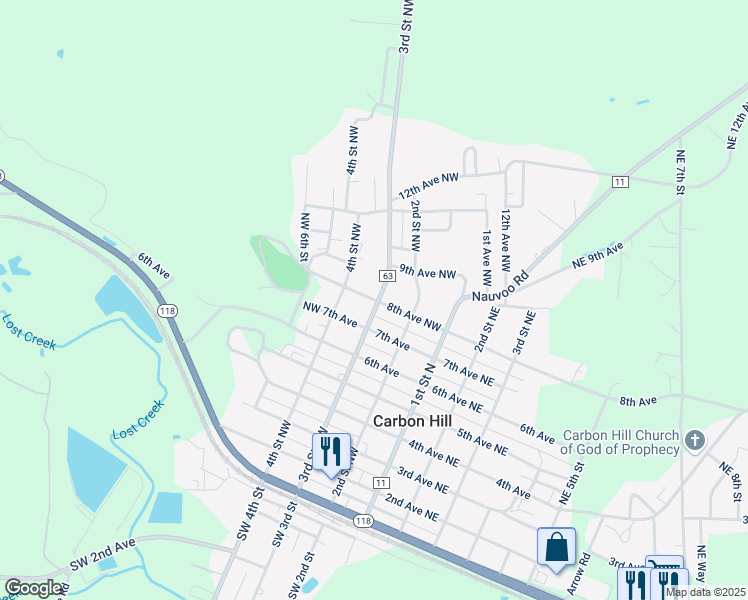 map of restaurants, bars, coffee shops, grocery stores, and more near 8th Avenue Northwest in Carbon Hill