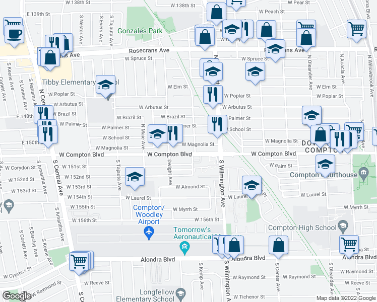 map of restaurants, bars, coffee shops, grocery stores, and more near 919 West Compton Boulevard in Compton