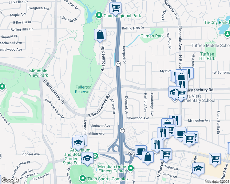 map of restaurants, bars, coffee shops, grocery stores, and more near 2725 Amherst Avenue in Fullerton