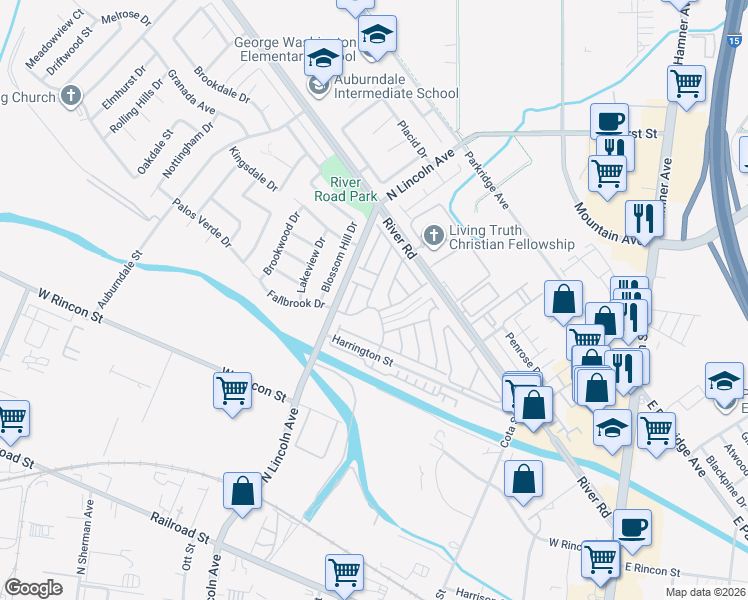 map of restaurants, bars, coffee shops, grocery stores, and more near 907 Harrington Street in Corona