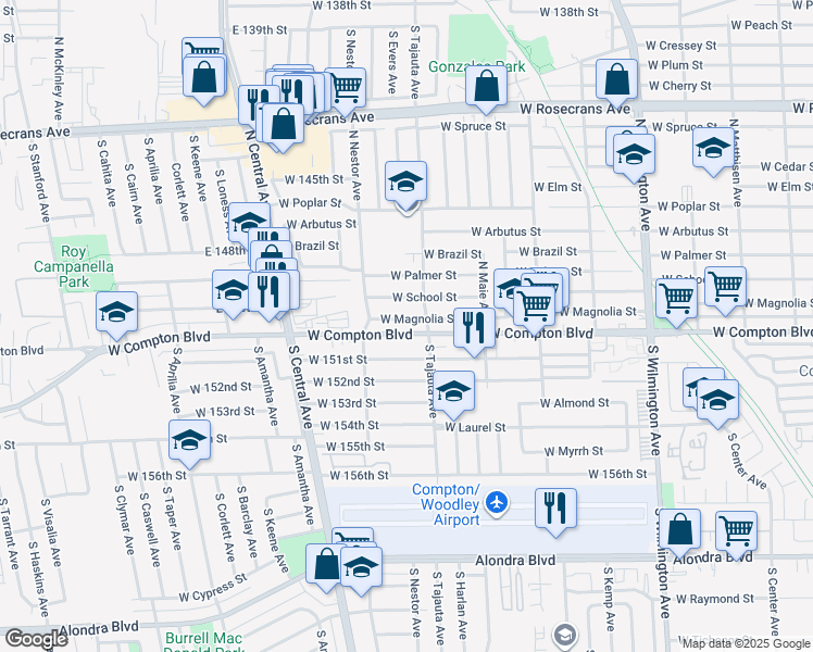 map of restaurants, bars, coffee shops, grocery stores, and more near 1418 West Magnolia Street in Compton