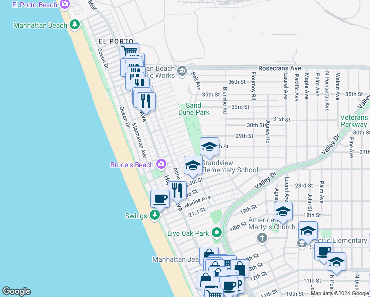 map of restaurants, bars, coffee shops, grocery stores, and more near 455 28th Street in Manhattan Beach