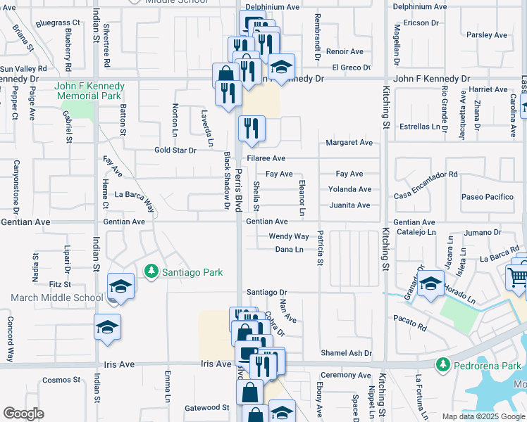 map of restaurants, bars, coffee shops, grocery stores, and more near 25071 Gentian Avenue in Moreno Valley