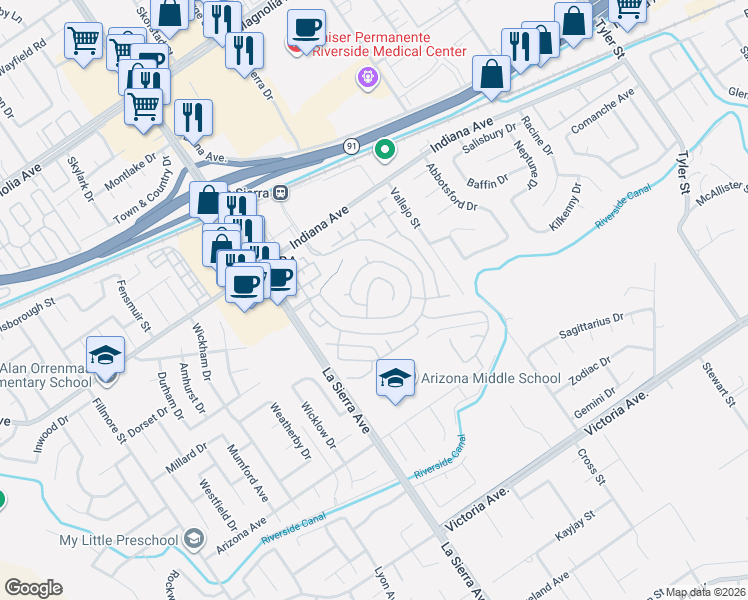map of restaurants, bars, coffee shops, grocery stores, and more near 10944 Playa Del Sol in Riverside